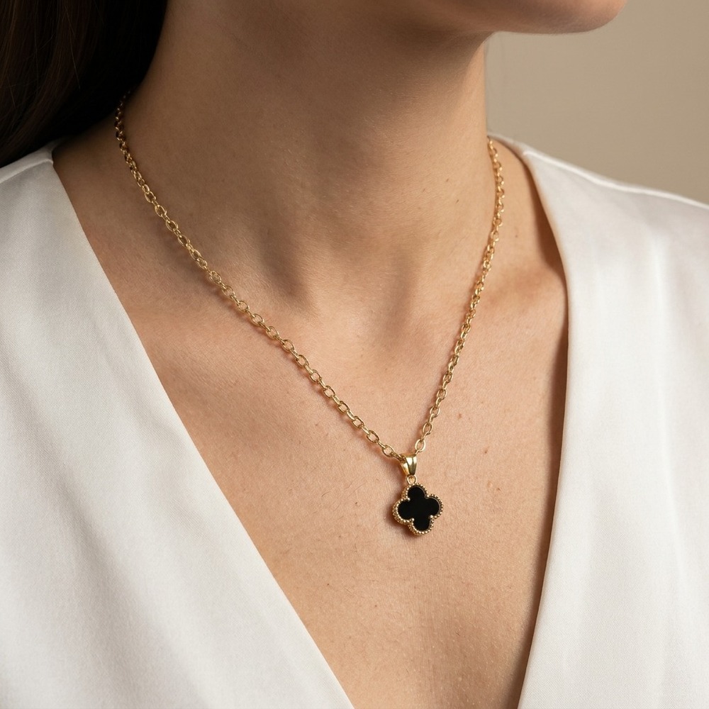Women Necklace OS Gold Planted Black Metal Quatrefoil Classic Elegant